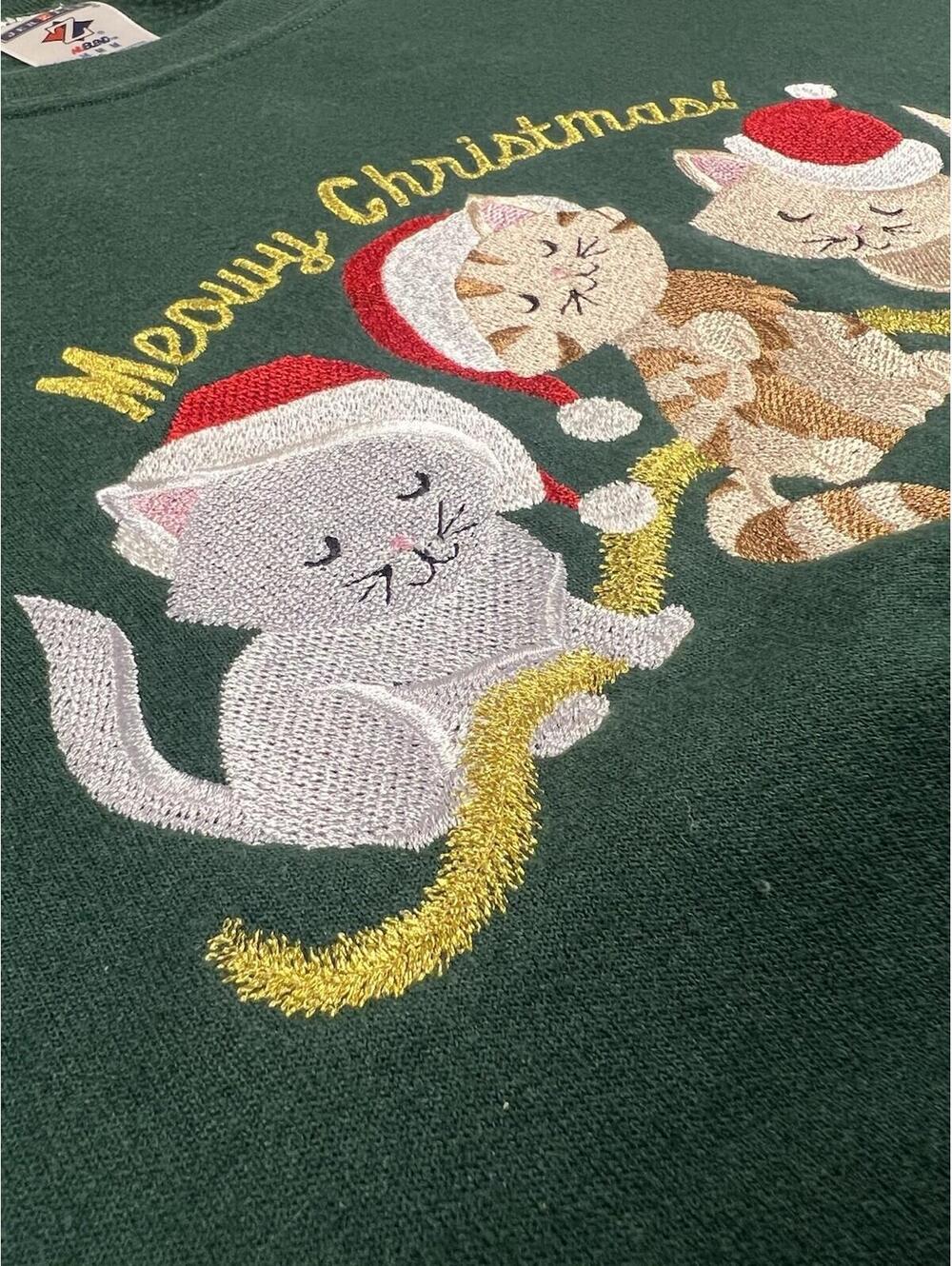 Vintage 90s Cat Meowy Christmas Sweatshirt Stitched Cute Kitty Kitten Playing M - Picture 2 of 8